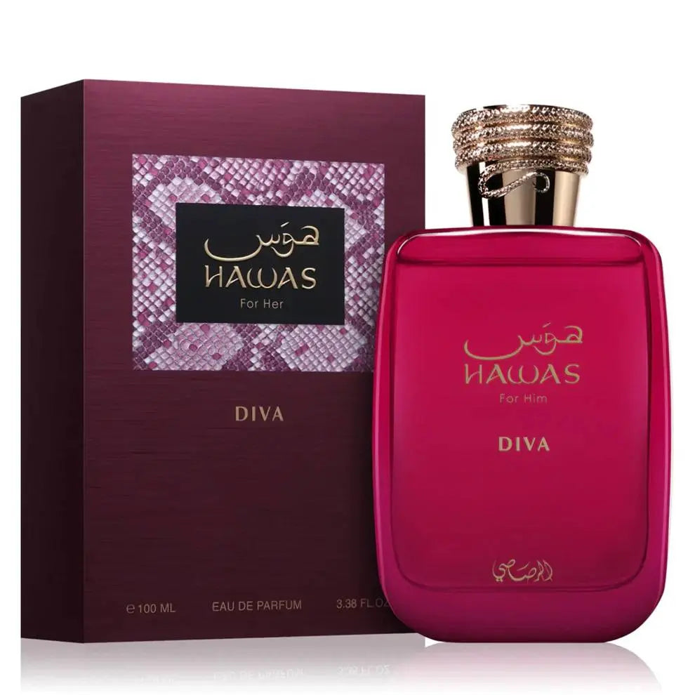 בושם Hawas Diva (הוואס דיווה) מבית Rasasi לנשים 100 מ"ל, מבט חזיתי על בקבוק היוקרה המעוצב שמבטיח ניחוח נשי עוצמתי.